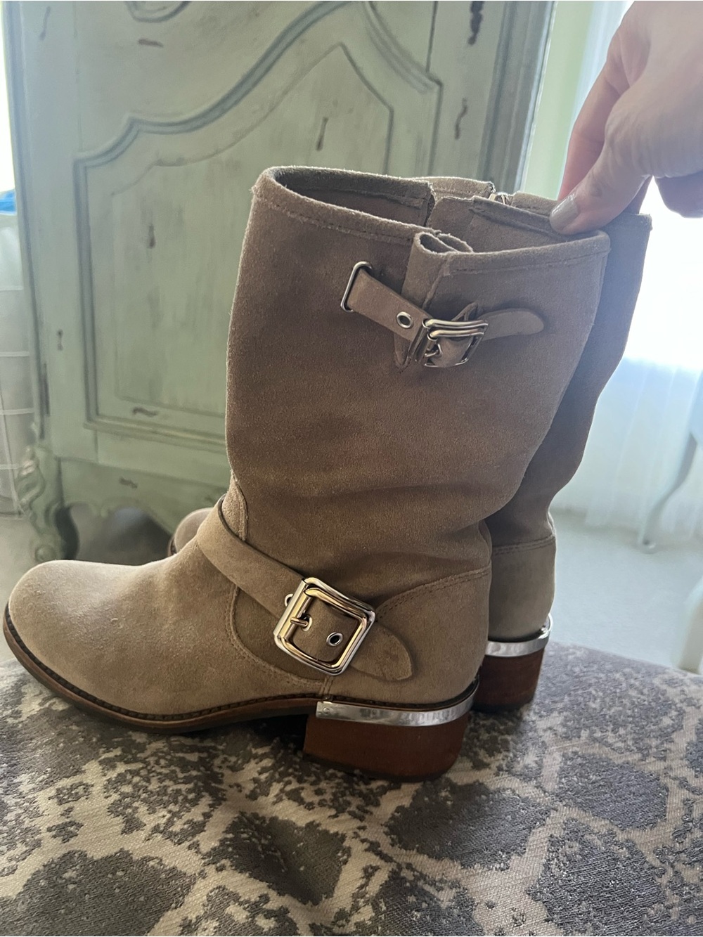 Vince Camuto Tan Suede Buckle Ankle Boots
